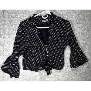 Navy White Polka Dot Crop Blouse Button Front Women’s Size XS